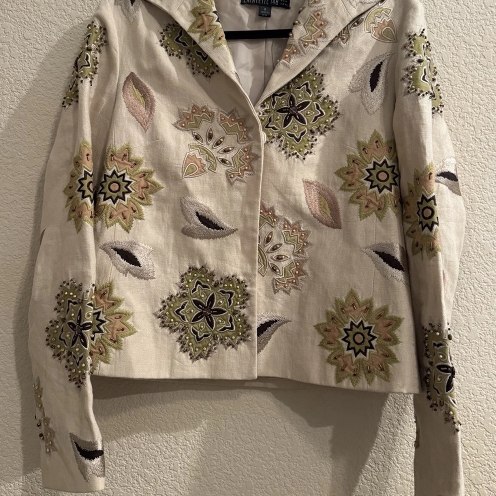 Lafayette 148 NY Blazer Jacket Womens Tan Floral Linen Embroidered Beaded Sz 8